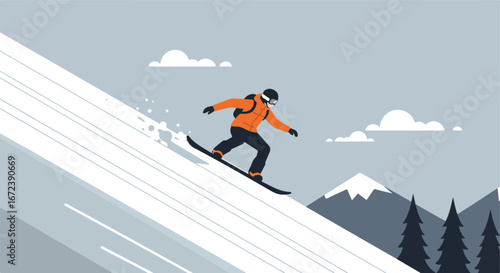 Snowboarder descending snowy slope in winter mountain landscape scene