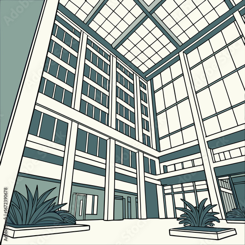 Interior view of a modern building atrium with glass ceiling