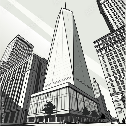 City Skyline with Tall Triangular Skyscraper urban