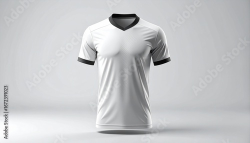 Minimalist football jersey concept in monochrome with subtle embossed patterns and sleek collar detailing. 