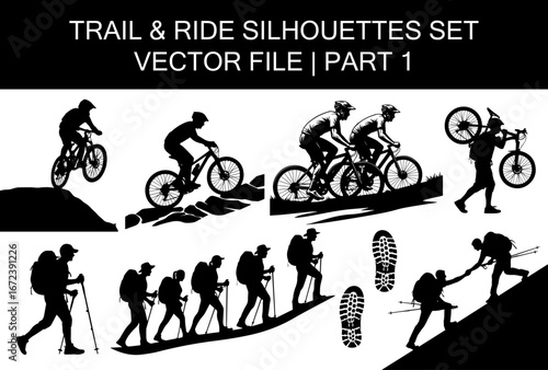 Tral & Ride Silhouettes Set, mountain bike, hiking, outdoor exploration, vector file