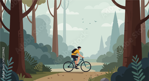 Cycling on a trail through woods