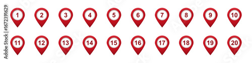 Red location pins with numbers are arranged in a horizontal line, numbering from one to twenty.
