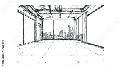 Sketch of interior space overlooking a distant city skyline with exposed pipes. Vector hand drawn illustration