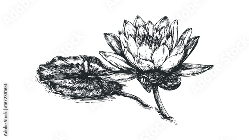 Detailed ink sketch of a blooming water lily with a leaf floating on water. Vector hand drawn illustration