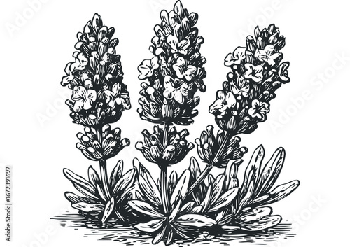 Hand-drawn sketch of three blooming lavender flower spikes with leaves. Vector hand drawn illustration