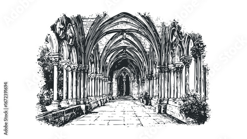 Ornate Gothic Arches Forming a Cloister Walkway with Stone Paving and Foliage. Vector hand drawn illustration