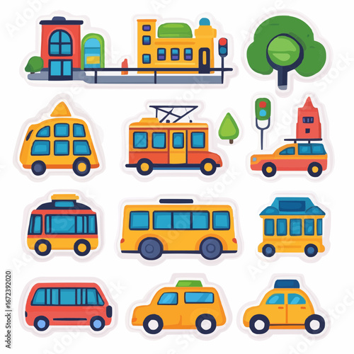 A clipart sticker set with colorful city transport and buildings, flat bold naive childlike shapes with white outline, childlike transport series 