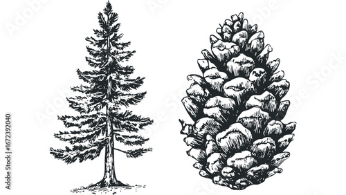 Detailed Ink Drawing of a Pine Tree and a Pine Cone. Vector hand drawn illustration