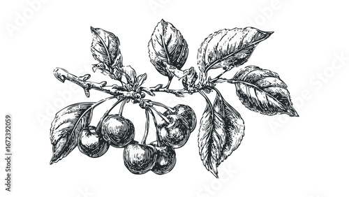 Detailed Sketch of Cherry Branch with Fruit and Leaves. Vector hand drawn illustration