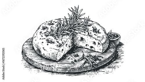 Line art drawing of a circular loaf of bread with rosemary and peppercorns. Vector hand drawn illustration