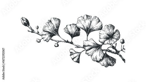 Pen and ink sketch of ginkgo biloba branch with leaves and buds on white background. Vector hand drawn illustration