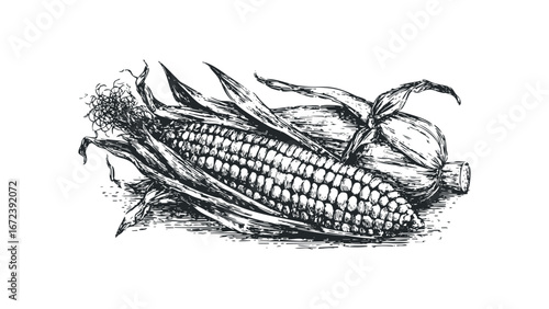 Hand Drawn Sketch of Ripe Corn Ears with Husk and Silk Details. Vector hand drawn illustration