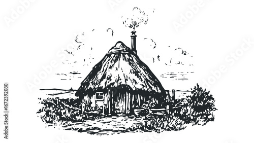 Sketch of a Thatched Cottage with Smoke Rising from Chimney. Vector hand drawn illustration