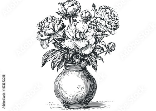 Pristine Peony Bouquet in an Engraved Vase Sketch. Vector hand drawn illustration