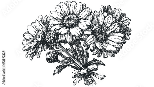 Wallpaper Mural Detailed Ink Sketch of Chrysanthemum Bouquet Tied with Ribbon. Vector hand drawn illustration Torontodigital.ca