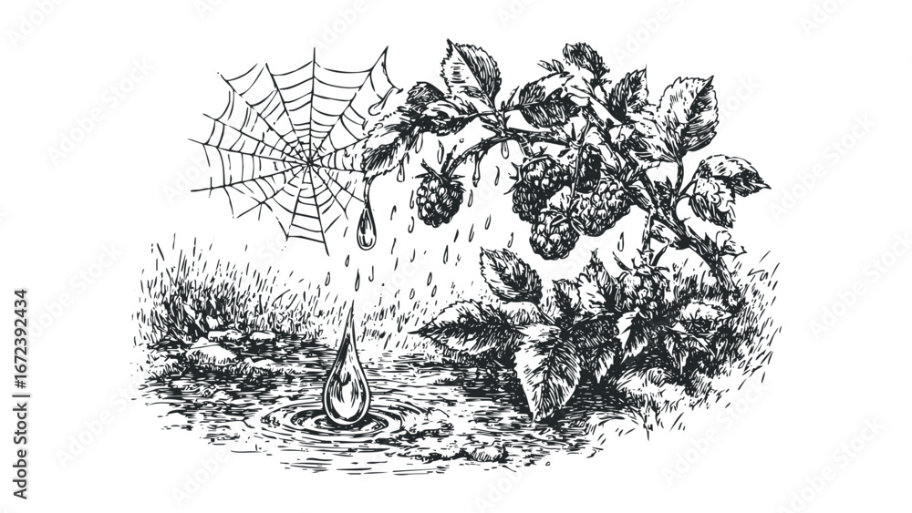 Naklejka premium Raindrops falling on raspberry plant and spider web with ripples. Vector hand drawn illustration