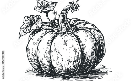 Detailed black and white sketch of a ripe pumpkin with leafy vine. Vector hand drawn illustration