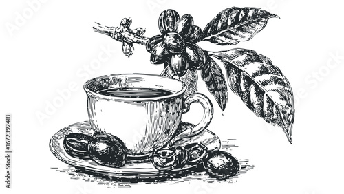 Sketch of Coffee Cup and Cherries on Branch. Vector hand drawn illustration