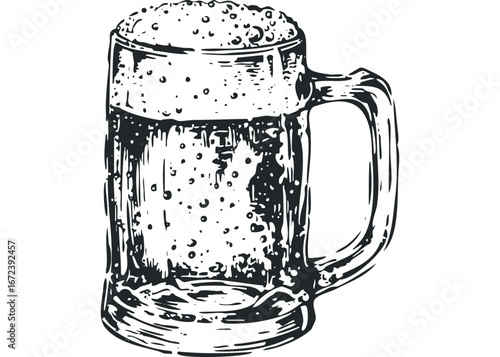 Sketchy Hand Drawn Glass Mug Overflowing With Frothy Beer Bubbles. Vector hand drawn illustration