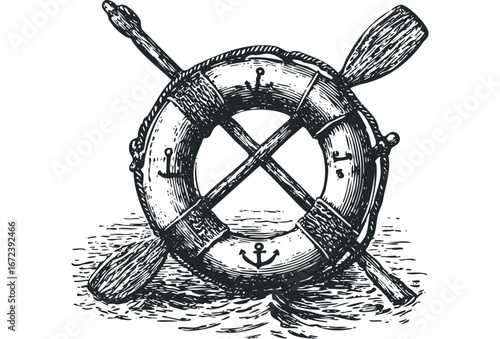 Nautical life preserver with crossed wooden oars on textured water. Vector hand drawn illustration