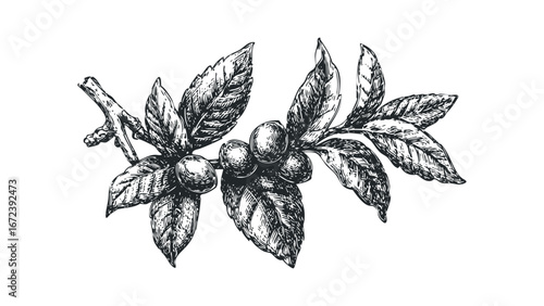 Detailed sketch of a branch with leaves and berries. Vector hand drawn illustration