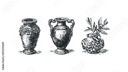 Three antique urns and floral sprigs in detailed black and white sketch. Vector hand drawn illustration