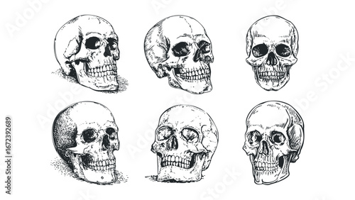 Collection of Six Anatomical Skulls Drawn in Black Ink on White Background. Vector hand drawn illustration