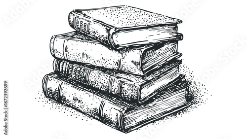 Stack of vintage hardback books with textured covers and page edges. Vector hand drawn illustration