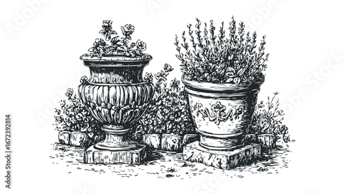 Ornate planters overflowing with roses and greenery on stone pedestals. Vector hand drawn illustration