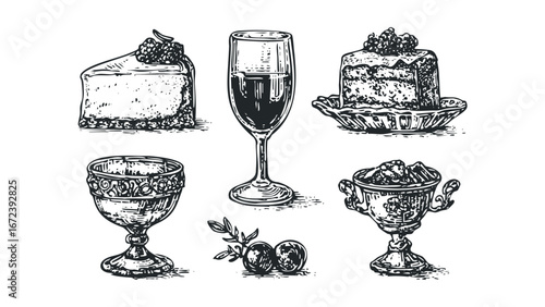 Collection of vintage sketch style desserts and beverages with decorative goblets. Vector hand drawn illustration
