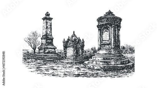Intricate Ornate Tombstones in a Grassy Burial Ground with Bare Tree. Vector hand drawn illustration