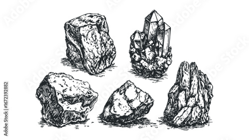 Collection of five sketched geological specimens including rough stone and crystal formations. Vector hand drawn illustration