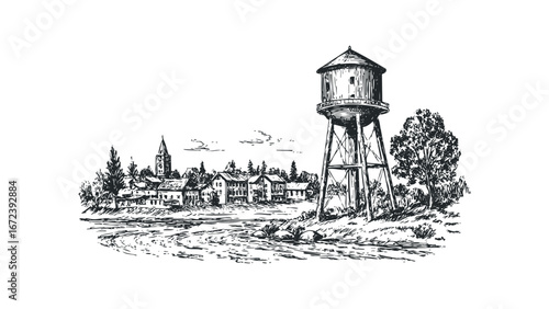 Sketch of a village with a prominent water tower and river. Vector hand drawn illustration