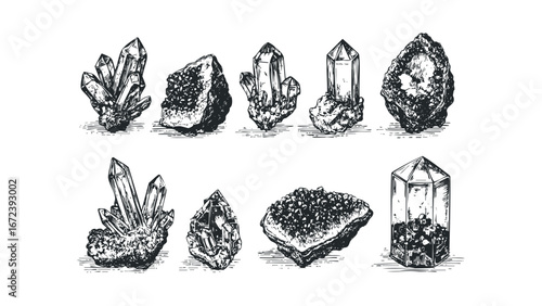 Collection of hand-drawn gemstone and mineral specimens on white. Vector hand drawn illustration