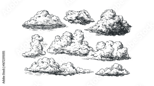 Collection of Hand Drawn Cumulus Cloud Shapes in Sketch Style. Vector hand drawn illustration