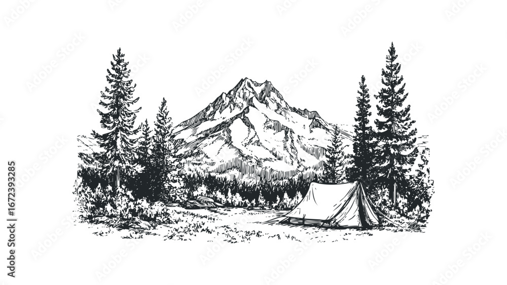 Tent set up at the base of a snowy mountain range surrounded by evergreen trees. Vector hand drawn illustration