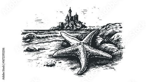 Starfish on a Pebble Beach with Crashing Waves and a Castle Cliff. Vector hand drawn illustration