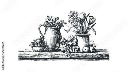 Hand-drawn sketch of floral arrangement in pitchers and bowl on rustic wooden surface. Vector hand drawn illustration