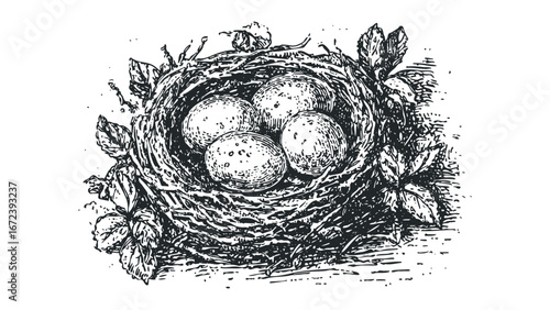 Nest with Four Speckled Eggs surrounded by Leaves. Vector hand drawn illustration