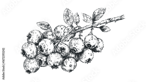 Hand Drawn Sketch of Blueberry Branch with Berries and Leaves. Vector hand drawn illustration