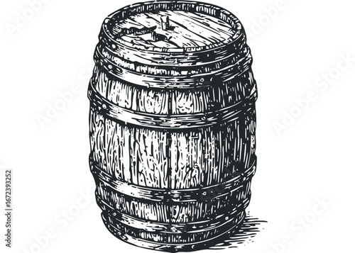 Detailed sketch of a wooden barrel with metal bands and a bung. Vector hand drawn illustration