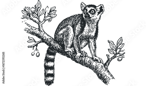 Ring-tailed Lemur Perched on a Gnarled Tree Branch with Leaves and Fruit. Vector hand drawn illustration