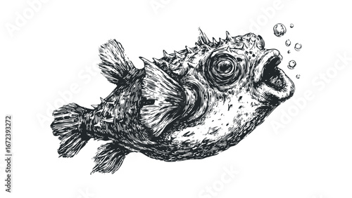 Spiky Pufferfish Mouth Open Blowing Bubbles Hand Drawn Sketch. Vector hand drawn illustration