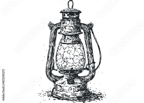 Vintage Oil Lantern Sketch with Cracked Glass Globe. Vector hand drawn illustration