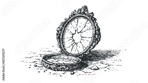 Ornate broken pocket watch with intricate casing lying on textured ground. Vector hand drawn illustration
