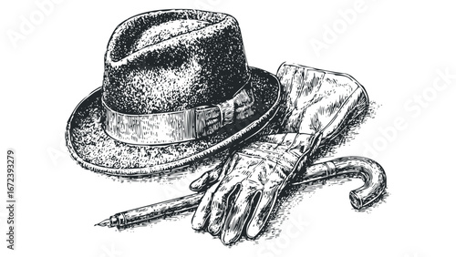 Fedora hat, leather gloves, and cane with ink sketch style. Vector hand drawn illustration