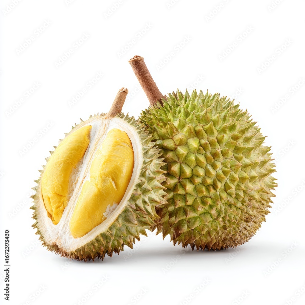 Obraz premium A close-up shot of a durian fruit, showing its spiky outer shell and creamy yellow flesh, revealing the rich texture and unique appearance of this tropical delight. 