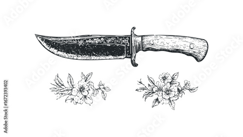 Ornate Blade Knife With Floral Embellishments Against White Background. Vector hand drawn illustration