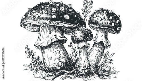 Hand Drawn Mushroom Cluster with Foliage. Vector hand drawn illustration